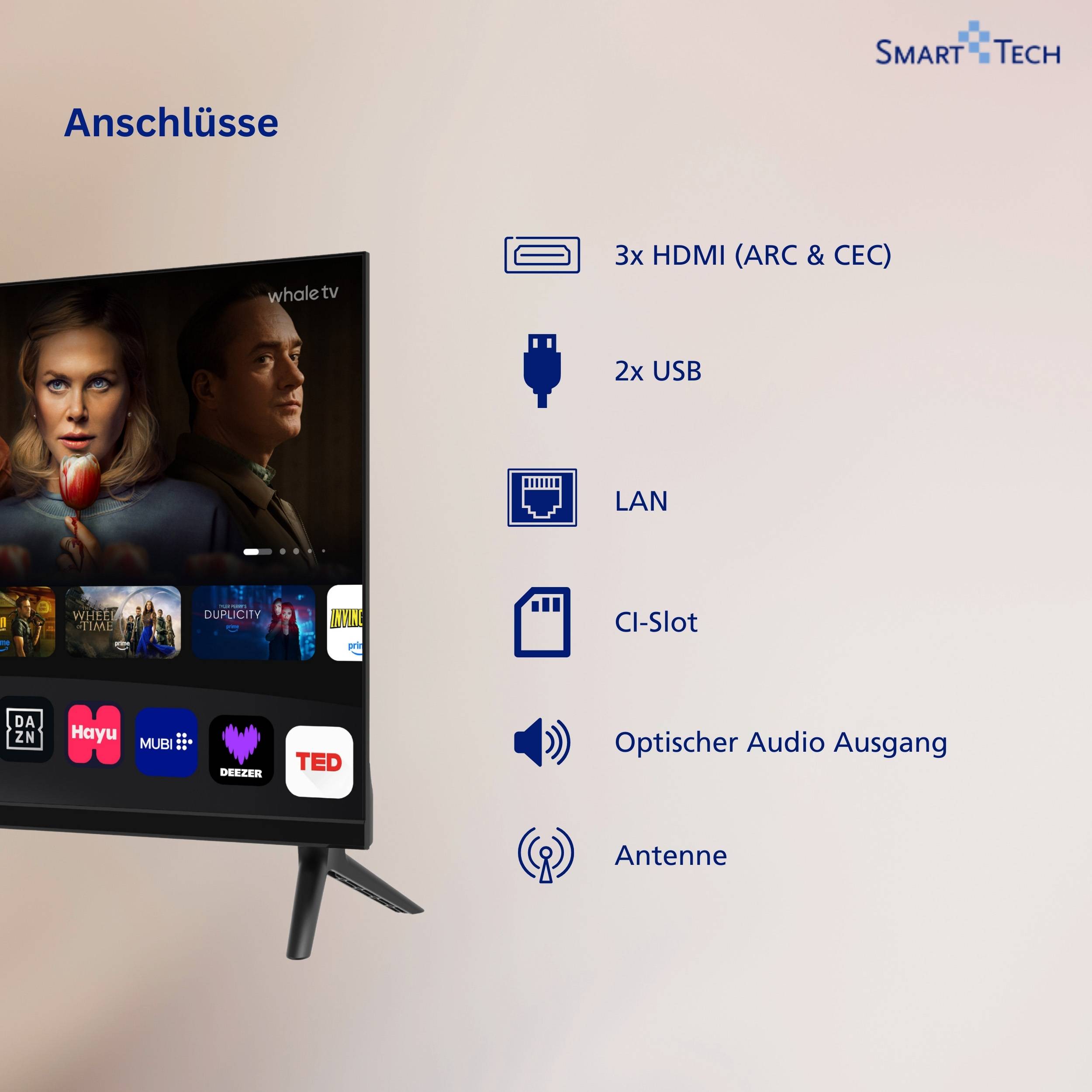 Smart Tech Fernseher 24 Zoll Whale Smart TV - HDR TV mit HD-ready, Bluetooth und Triple-Tuner