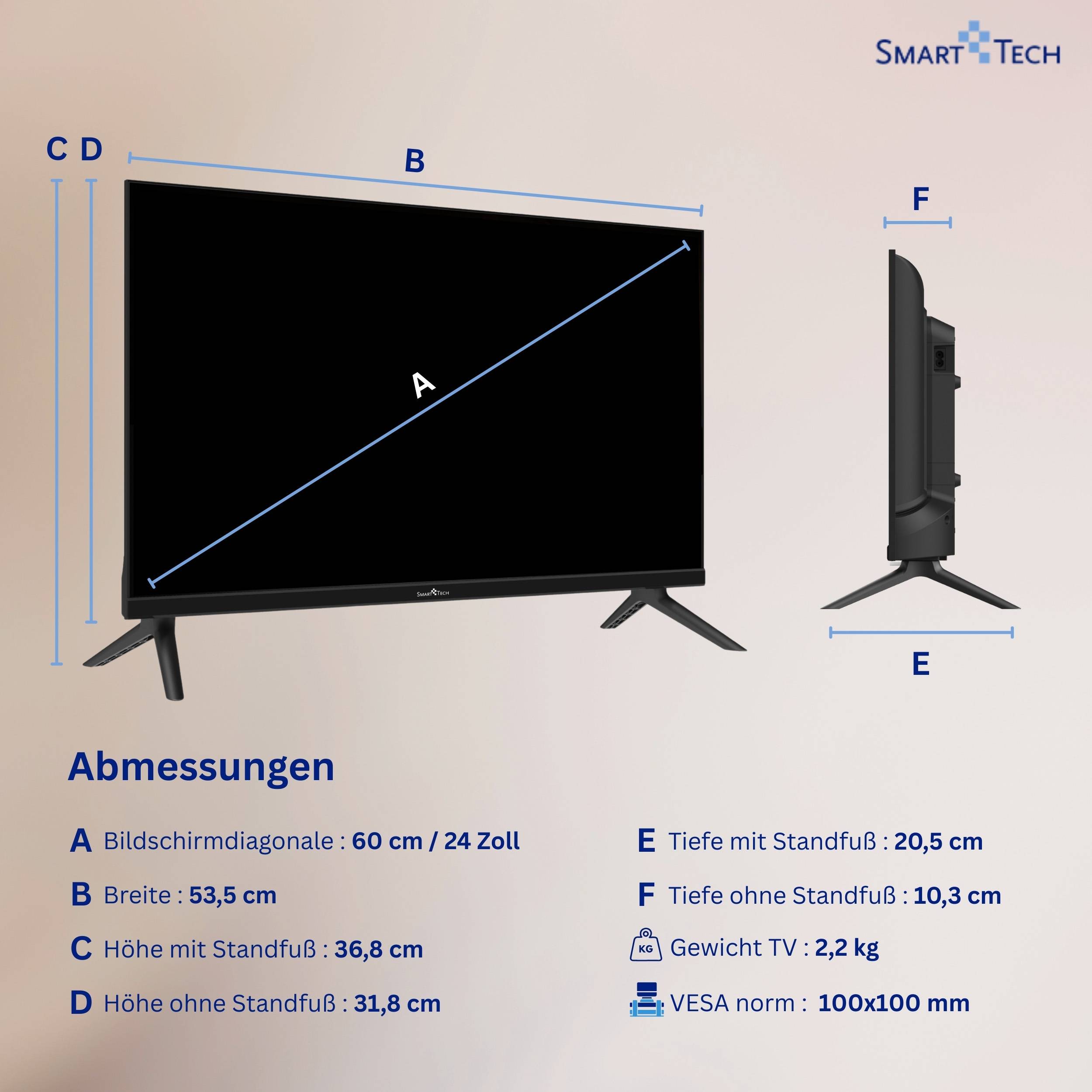 Smart Tech Fernseher 24 Zoll Whale Smart TV - HDR TV mit HD-ready, Bluetooth und Triple-Tuner