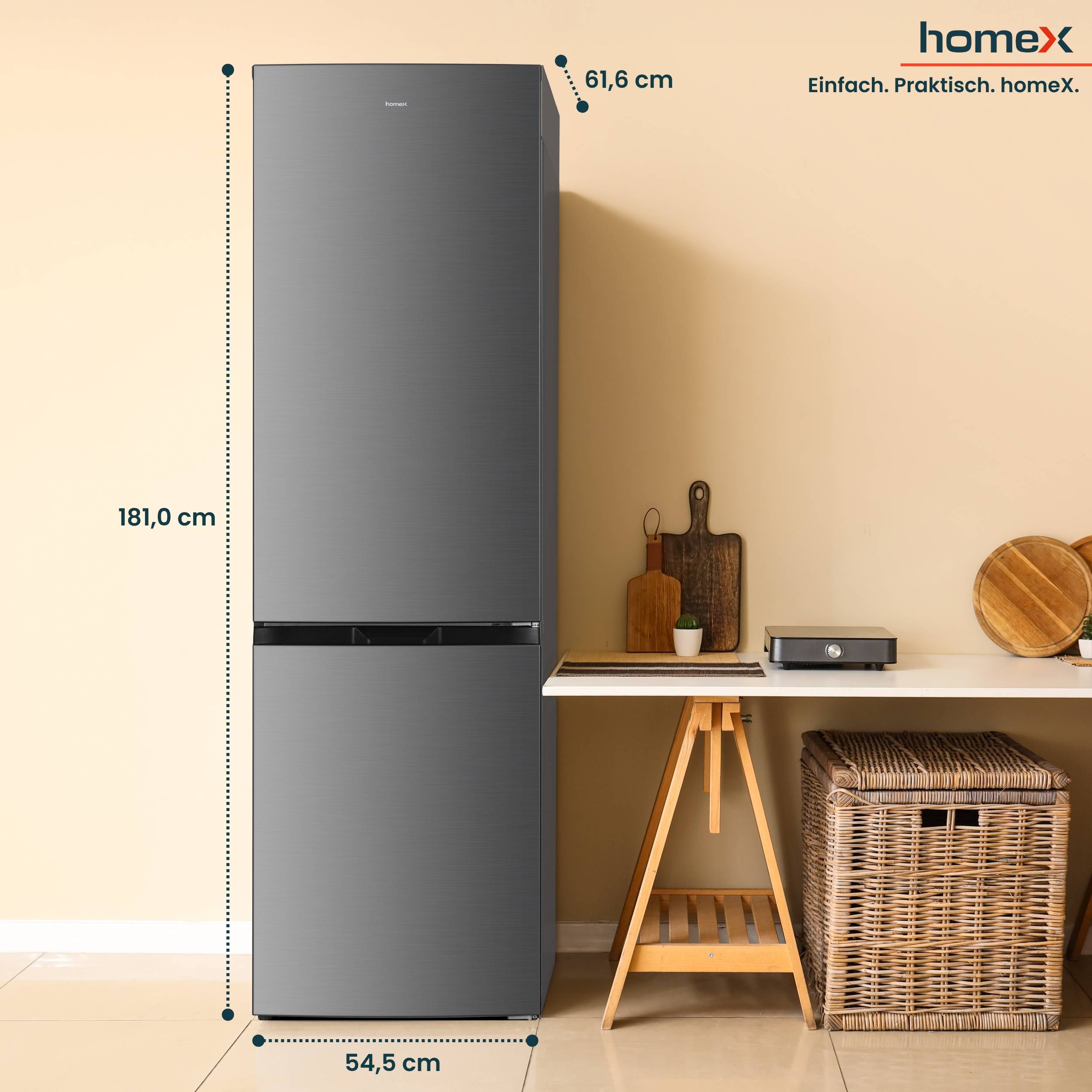homeX Kühlschrank mit Gefrierfach No Frost, Kühl-Gefrier-Kombination freistehend, groß - 253 Liter, silber, CFSN2531C-S