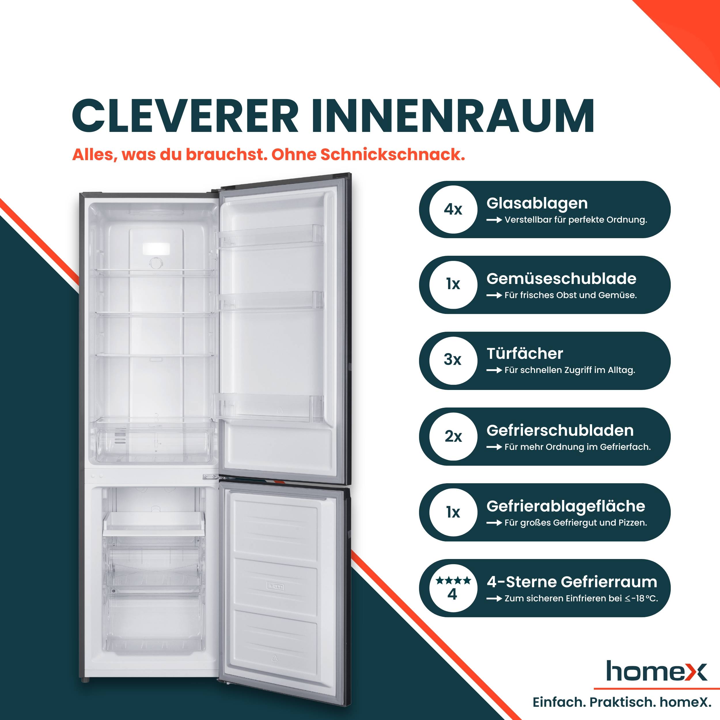 homeX Kühlschrank mit Gefrierfach No Frost, Kühl-Gefrier-Kombination freistehend, groß - 253 Liter, silber, CFSN2531C-S