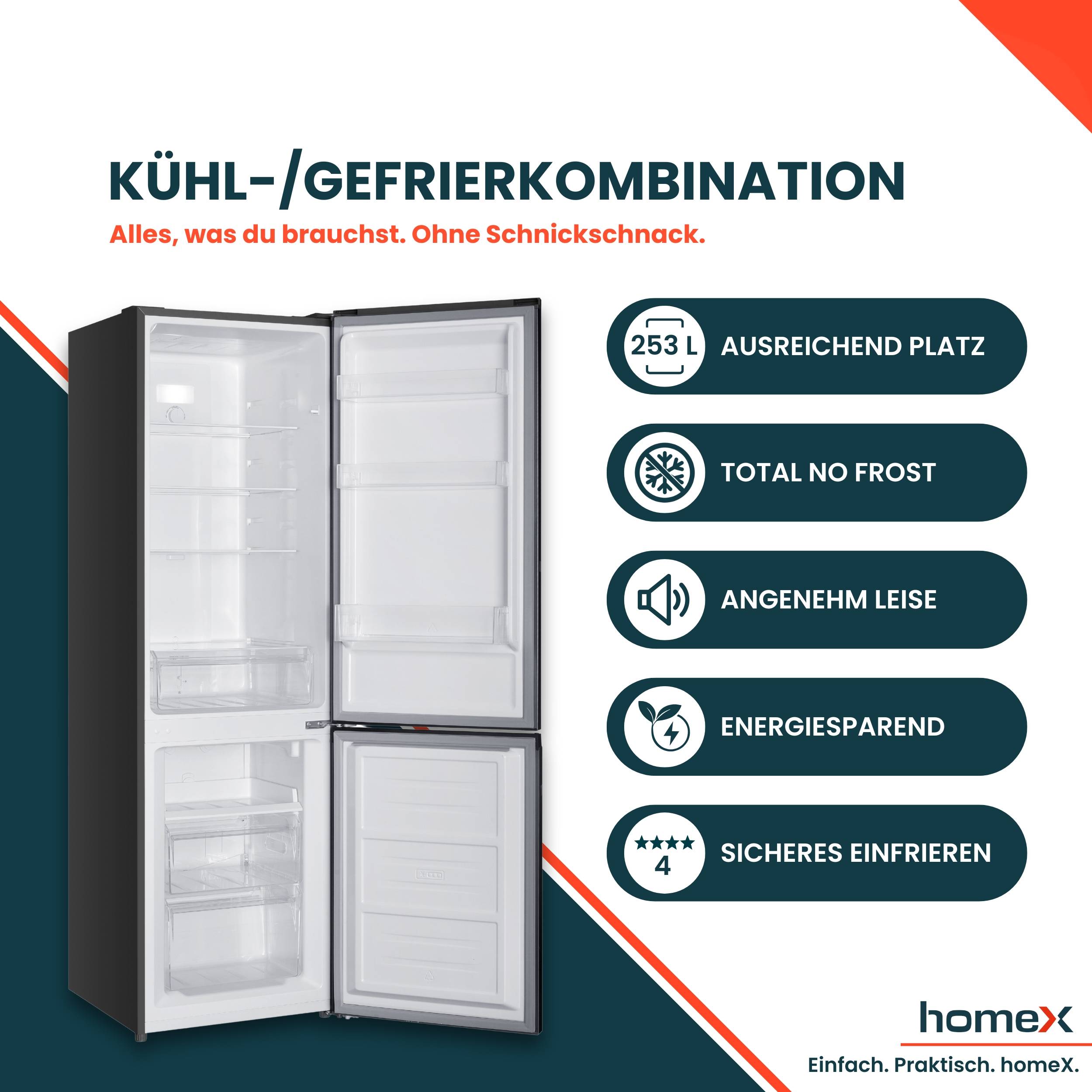 homeX Kühlschrank mit Gefrierfach No Frost, Kühl-Gefrier-Kombination freistehend, groß - 253 Liter, silber, CFSN2531C-S