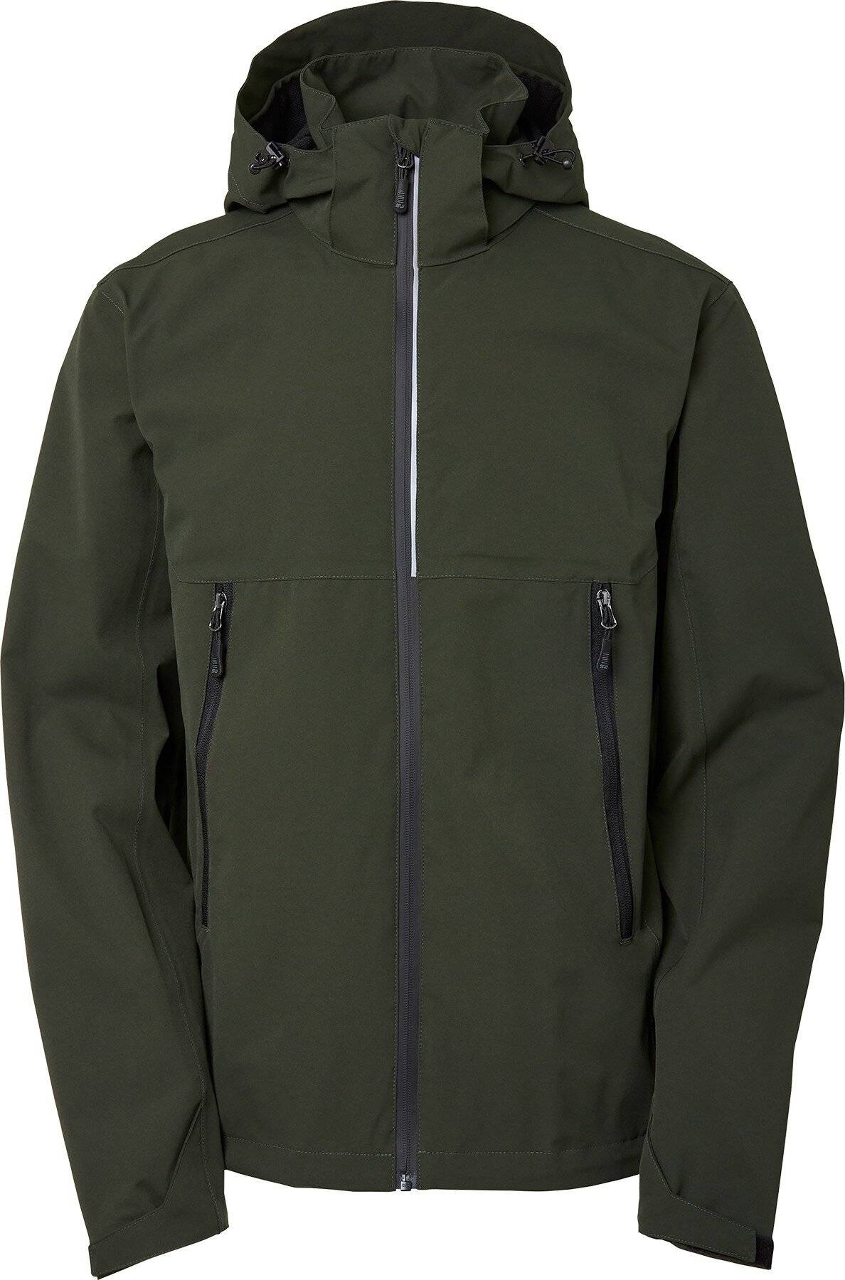 Eine dunkelgrüne Jacke mit schwarzen Reißverschlusstaschen und einem vorderen Reißverschluss, entworfen für die Outdoor-Nutzung. Die Jacke hat einen hohen Kragen und lange Ärmel.