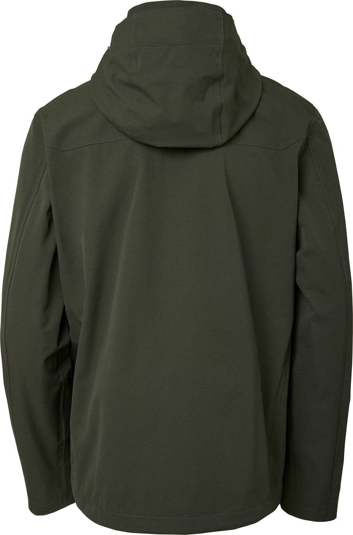 Eine dunkelgrüne Jacke mit einer Kapuze, von hinten gezeigt, mit langen Ärmeln und einem einfachen Design.