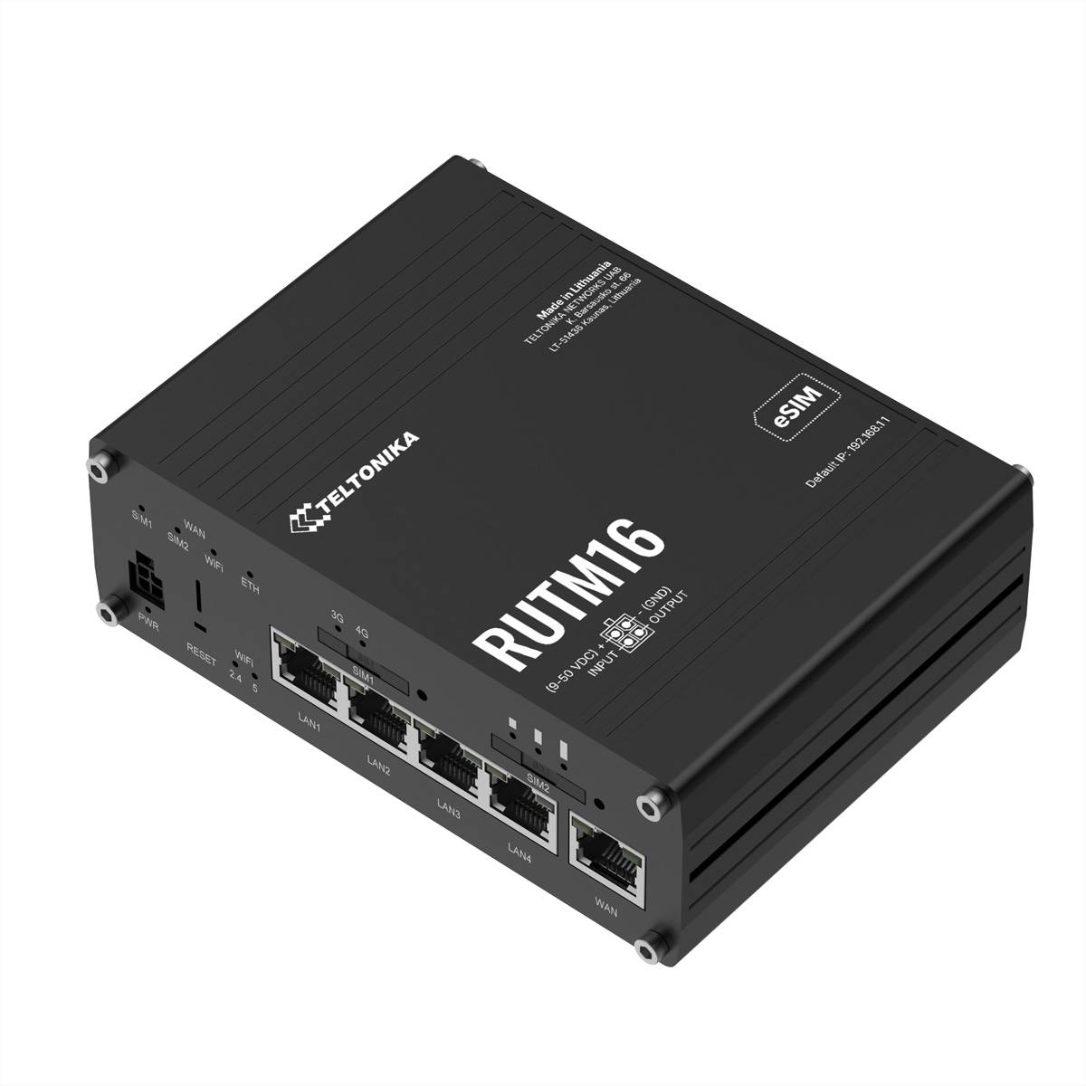 Schwarzer Teltonika RUTM16 Industrie-Router mit mehreren Ethernet-Anschlüssen und SIM-Kartenschacht, dargestellt auf weißem Hintergrund.