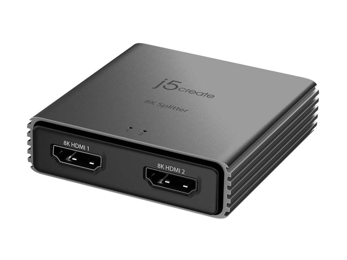 Schwarzer j5create 8K HDMI-Splitter mit zwei 8K HDMI-Anschlüssen auf der Vorderseite, gezeigt in einem Produktfoto.