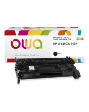 Schwarze Tonerpatrone vor einer OWA-Branded-Ersatzkartuschenbox mit Kennzeichnung für HP W1490X/149X kompatible Drucker.