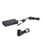 Schwarzer Netzteil mit angebrachtem Kabel und separablem abnehmbarem Stecker-Kabel auf weißem Hintergrund.