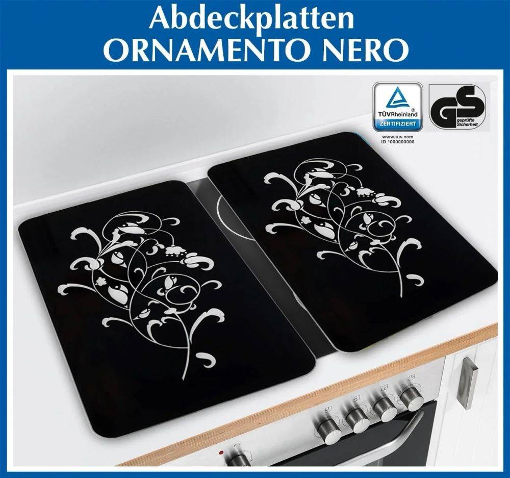 3 in 1 Herd-Abdeckplatten Schneidbretter „Nero“ aus Glaskeramik Ornament-Design 52 x 30 cm 2er-Set