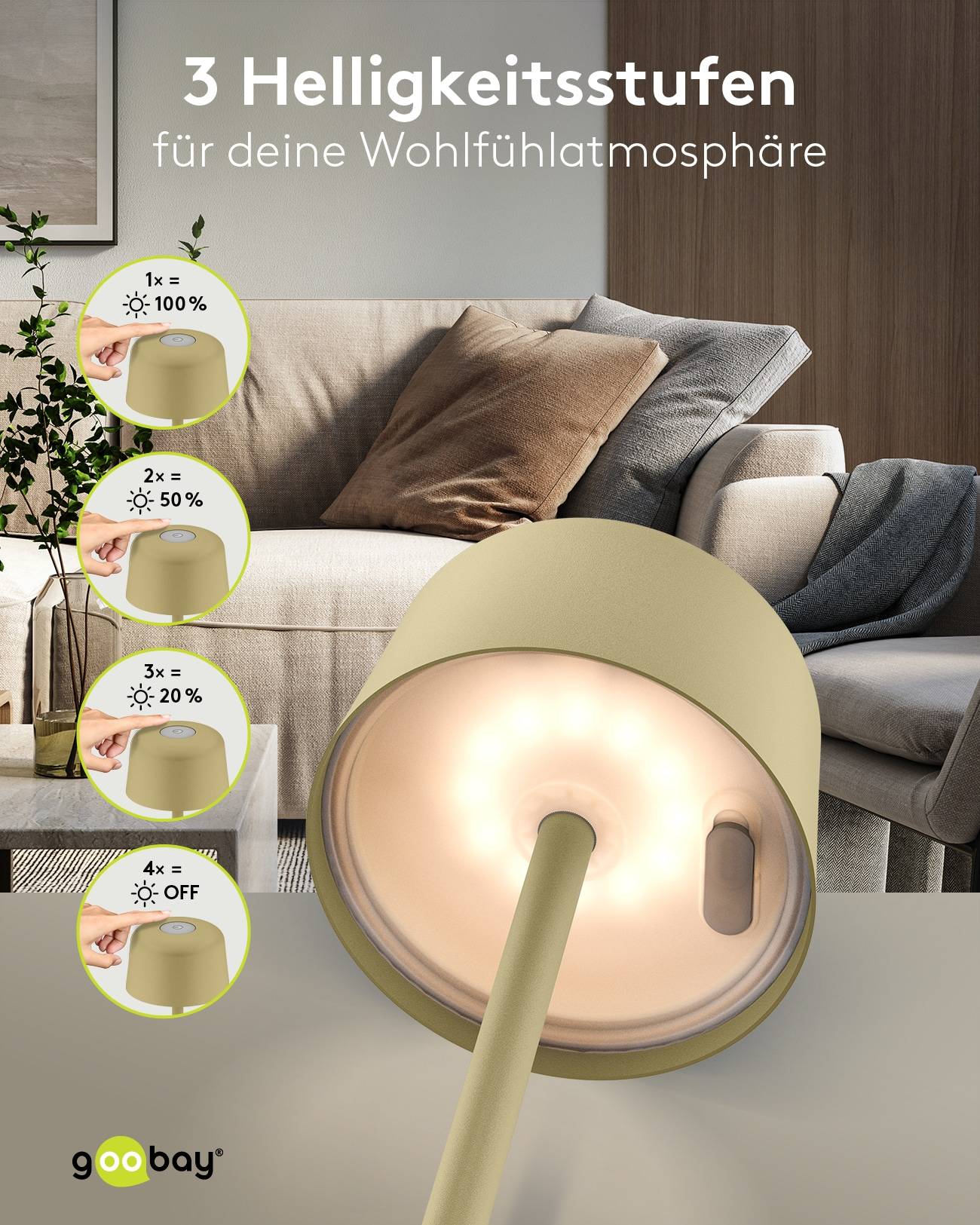 GOOBAY LED-Tischleuchte 77678, 2W, 3000 K, 150 lm, warmweiß, IP44, beige
