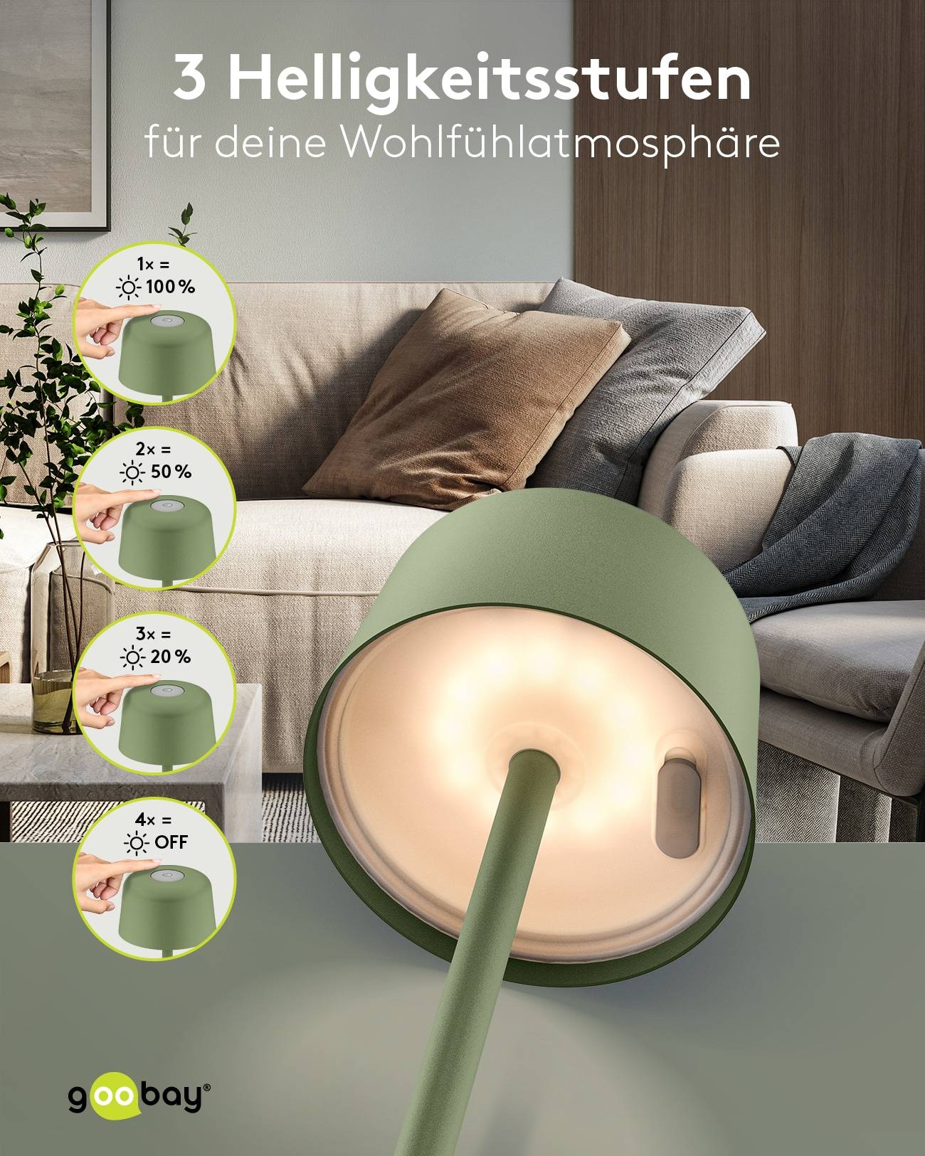 GOOBAY LED-Tischleuchte 77677, 2W, 3000 K, 150 lm, warmweiß, IP44, grün