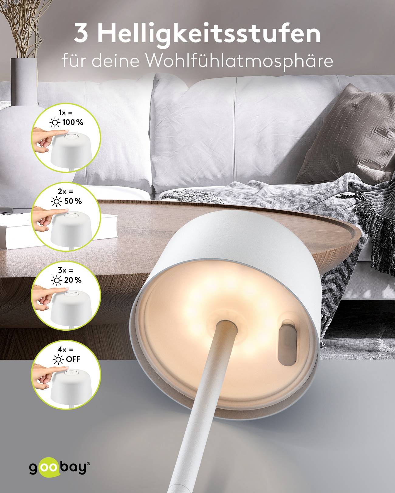 GOOBAY LED-Tischleuchte 77676, 2W, 3000 K, 150 lm, warmweiß, IP44, weiß