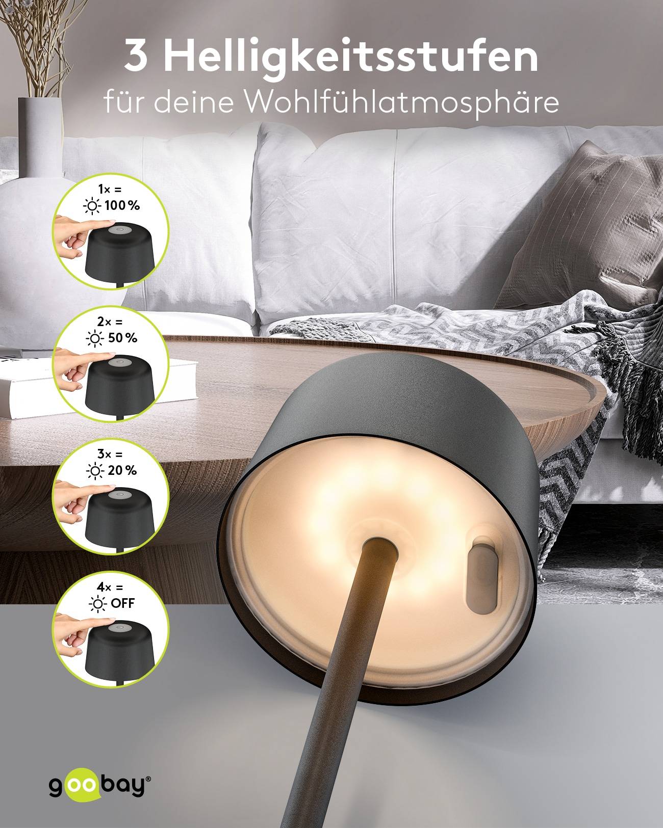 GOOBAY LED-Tischleuchte 77675, 2W, 3000 K, 150 lm, warmweiß, IP44, schwarz