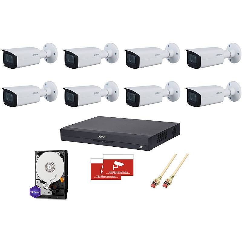 Dahua Set IP 8x Bullet 4K PoE + 16-CH NVR, Set-Inhalt:2x Aufkleber, NVR Rekorder, 8x Bullet Kamera, 2x 4TB Festplatte,