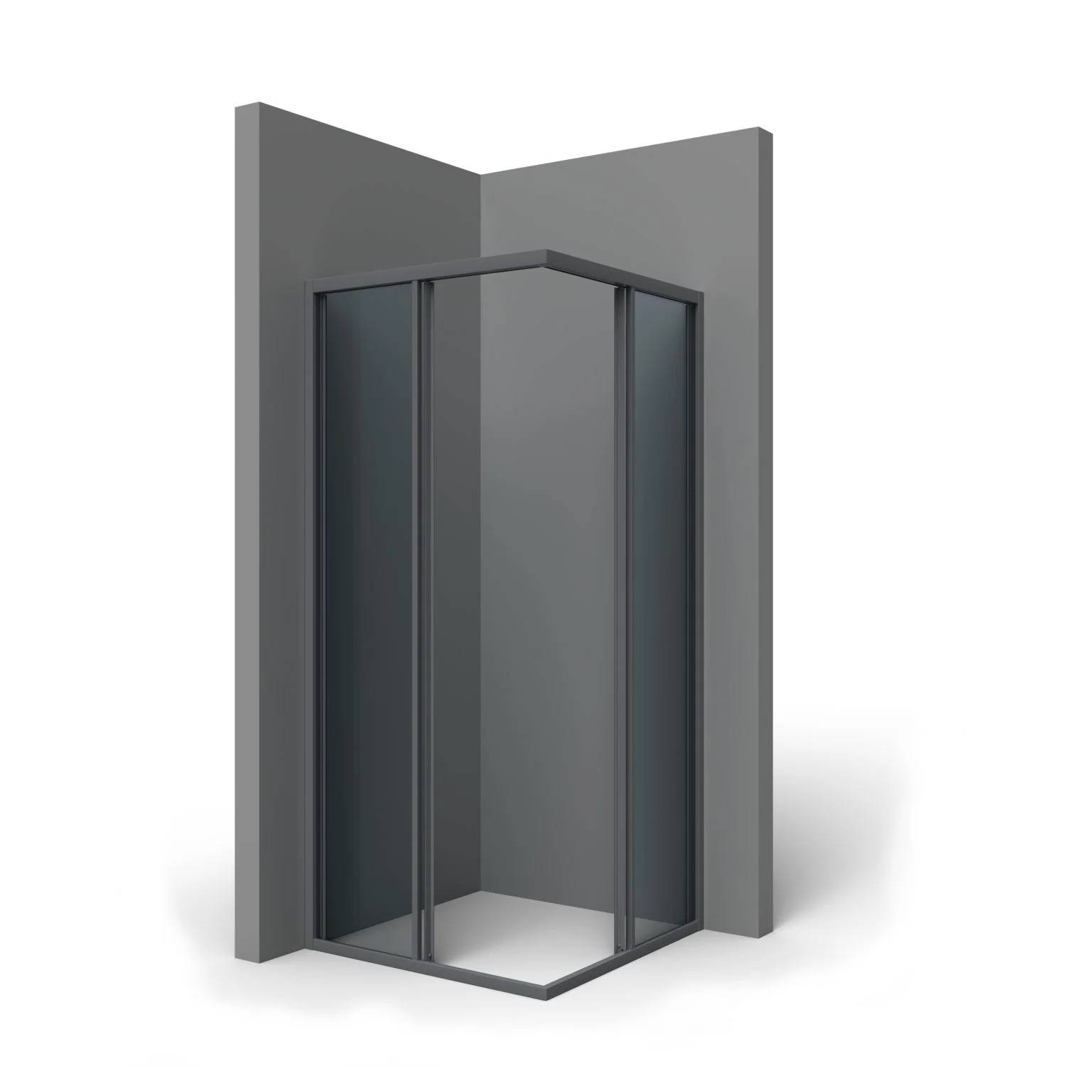 Eine moderne Ecke-Glasduschkabine mit dunkel gerahmten Schiebetüren und grauen Wänden auf weißem Hintergrund.
