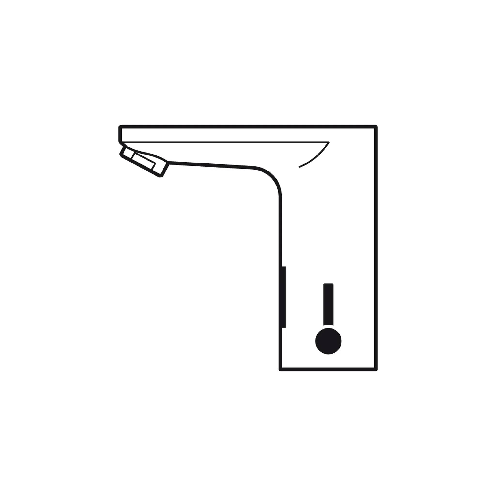 Einfaches schwarzes Liniensymbol eines Winkellineals oder einer Klammer mit rechtem Winkel und einem kleinen Ausrufezeichen innen, das ein Warn- oder Gefahrensymbol andeutet.