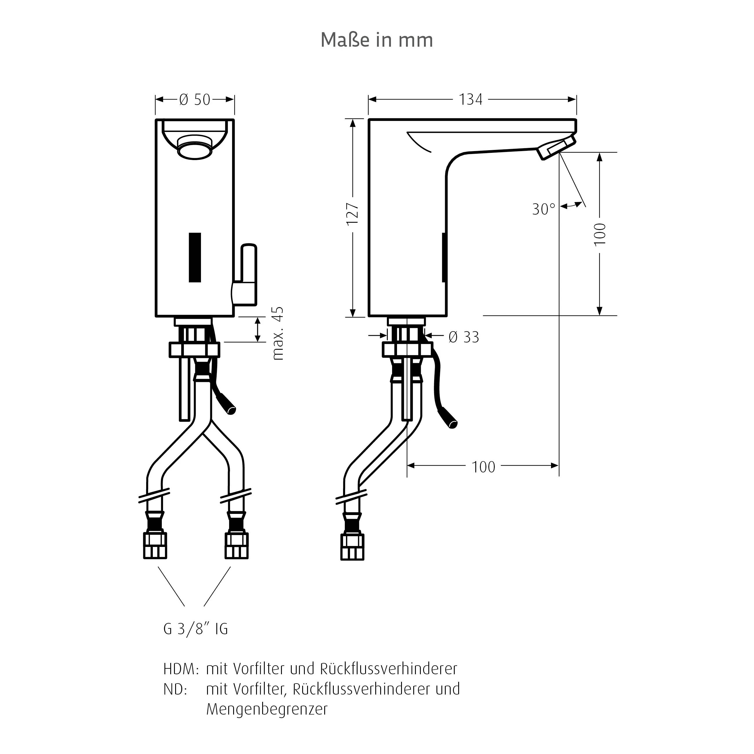 Technische Strichzeichnung einer Armatureneinheit mit Abmessungen in Millimetern, Vorder- und Seitenansicht, 50 mm Gehäusebreite, 134 mm Auslaufreichweite und 3/8 Zoll G-Anschlüsse.