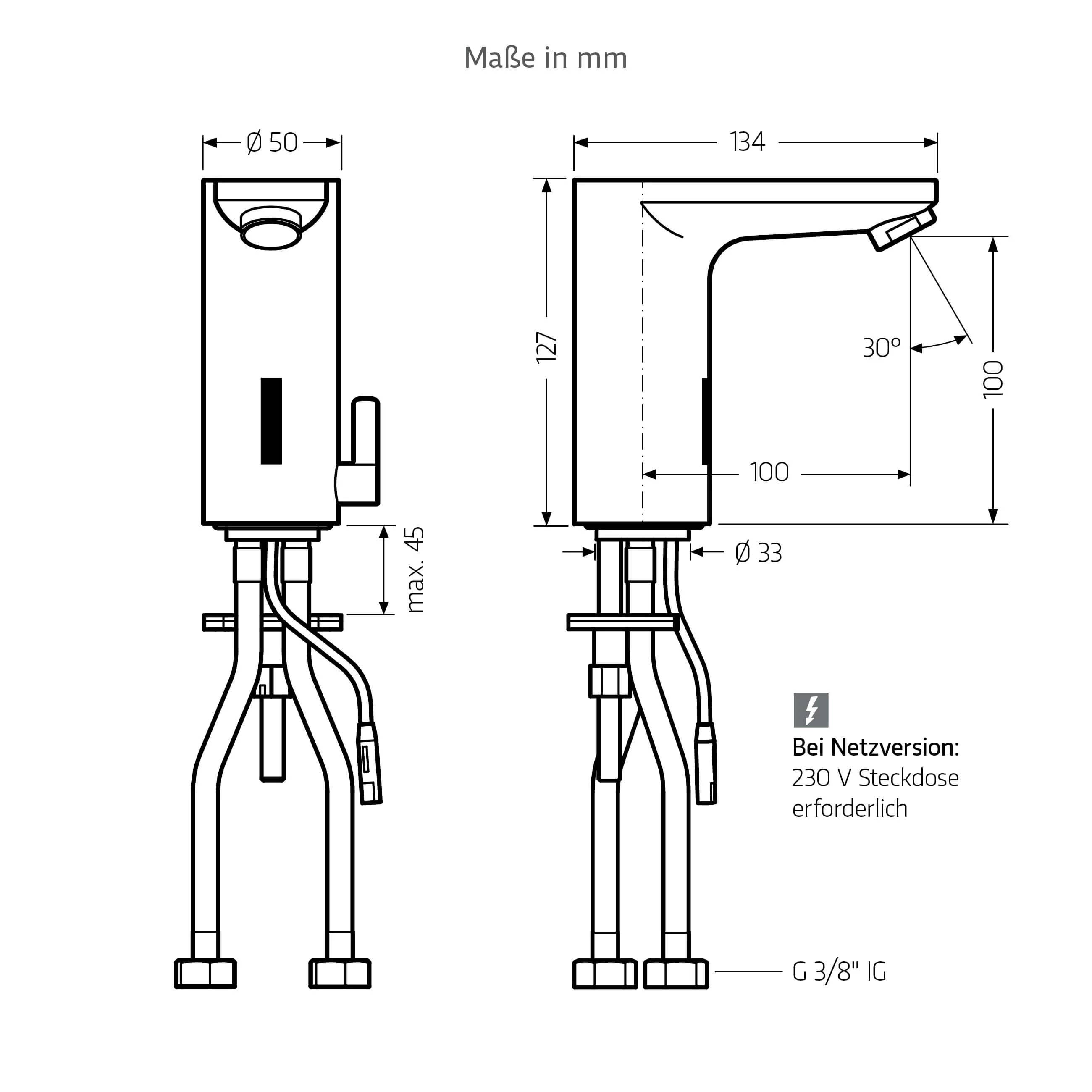 Technische Zeichnung eines Wasserhahns mit Abmessungen in Millimetern, zeigt Vorder- und Seitenansicht, 134 mm Auslauflänge, 127 mm Höhe, 30° Winkel und G 3/8