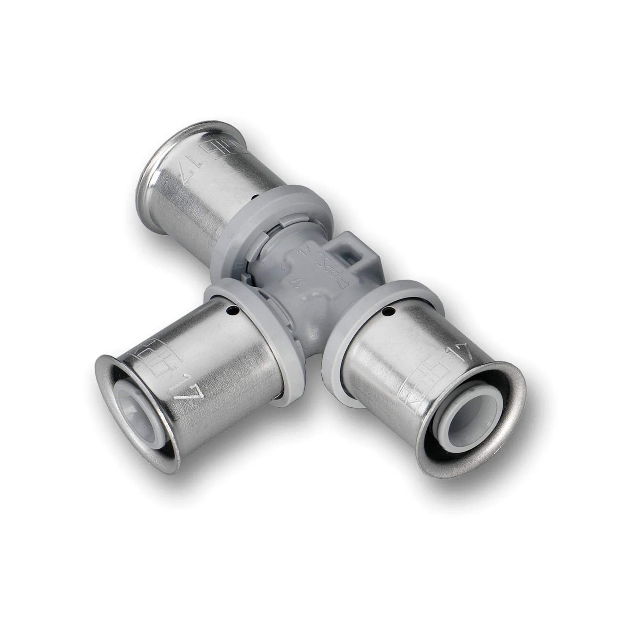 Graues Metallrohr-Sanitärfitting mit drei Pressverschluss-Enden in T-Form, gezeigt vor weißem Hintergrund.