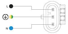 Schaltplan mit Anschlüssen für Phase (L), Erde und Neutralleiter (N) an einem Drei-Anschluss-Stecker.