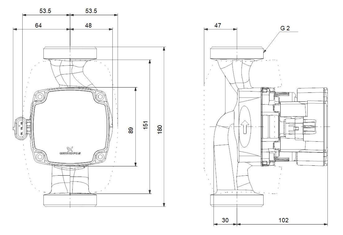 Technische Linizeichnung eines mechanischen Geräts aus Front- und Seitenansicht, mit Abmessungsmessungen in Millimetern und einer G2-Kennzeichnung.