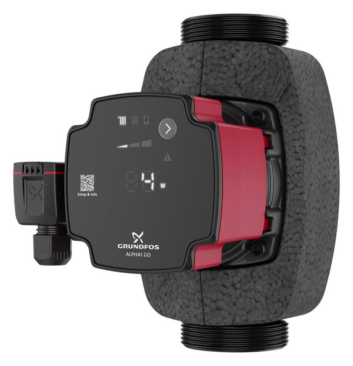 Grundfos ALPHA1 GO Umwälzpumpe mit digitaler Kontrollanzeiget, schwarzes und rotes Gehäuse, vor weißem Hintergrund dargestellt.