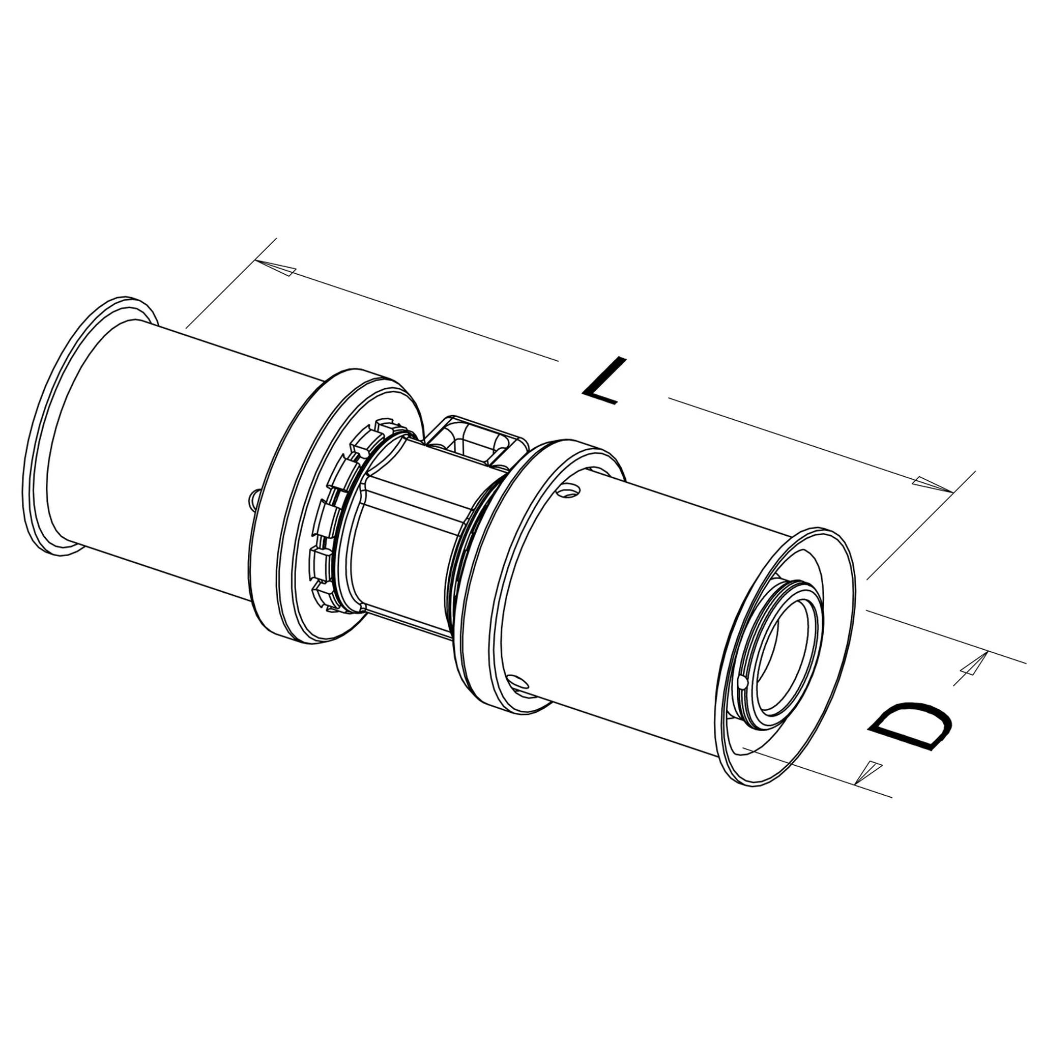 Technische Zeichnung einer zylindrischen mechanischen Baugruppe mit Bemaßungslinien, die mit L und D gekennzeichnet sind und Länge und Durchmesser angeben.