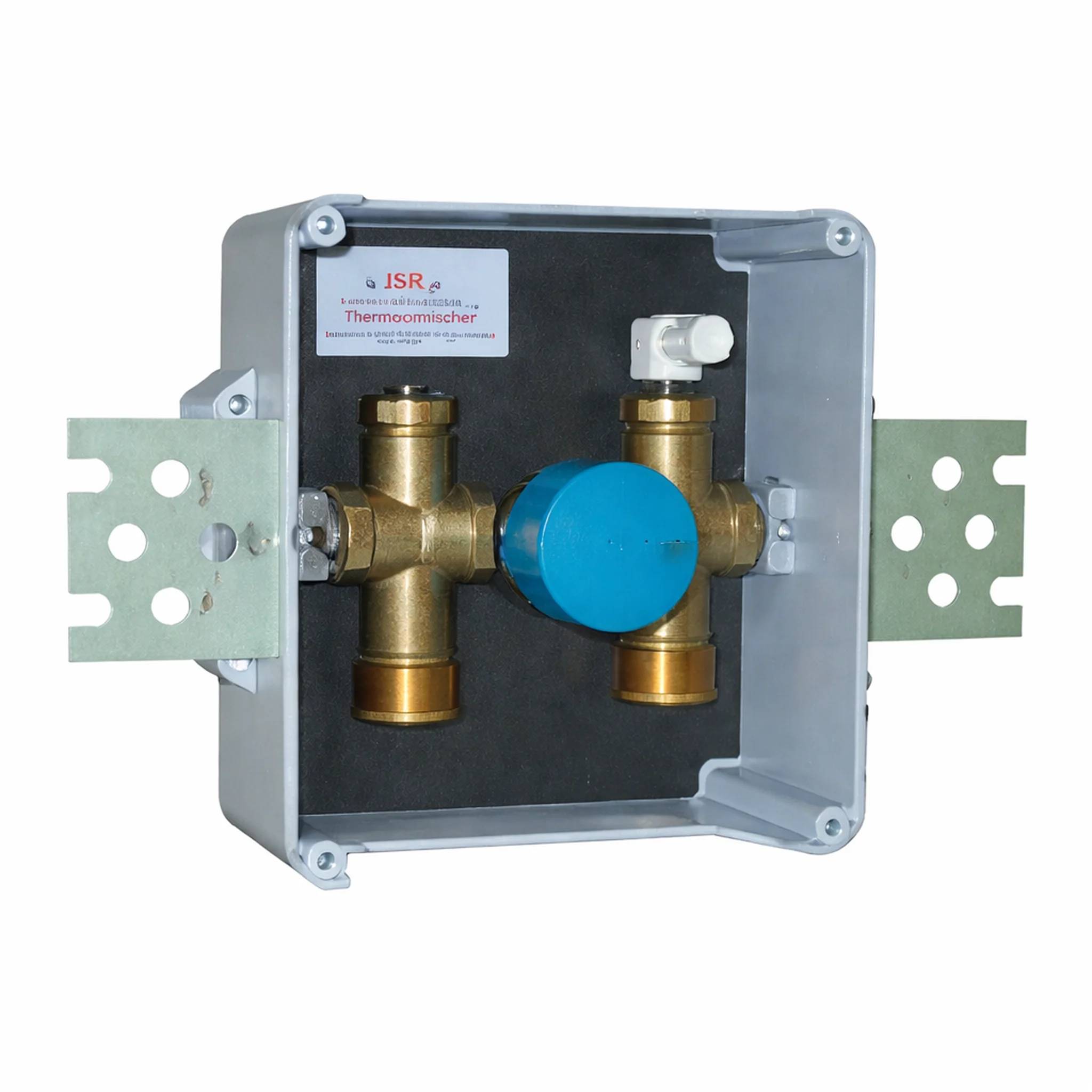 An der Wand montierte Metallinstallationsventilanlage mit Messingarmaturen und blauer kreisförmiger Abdeckung, gekennzeichnet mit „ISR Thermomischer