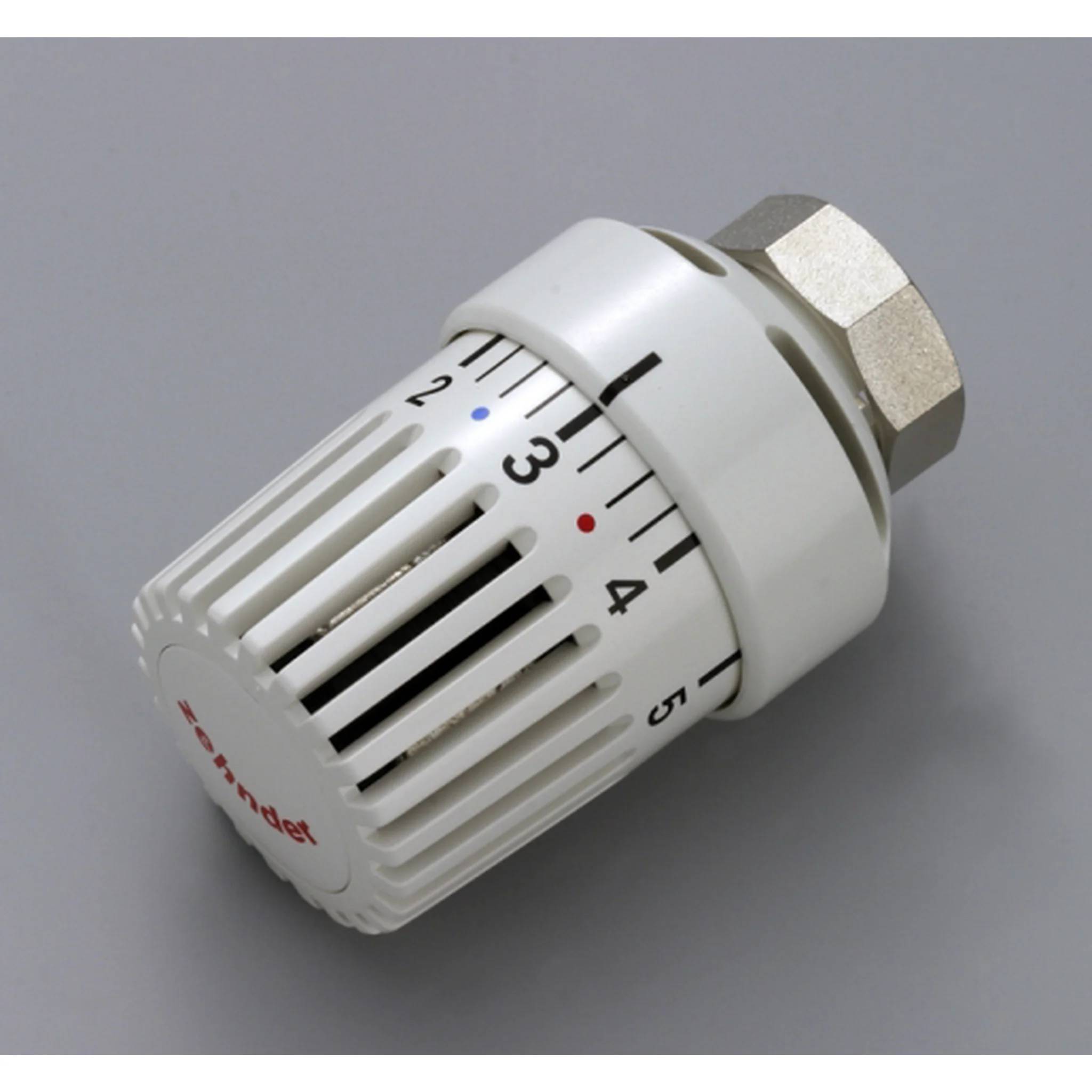Weißer thermostatischer Heizkörperventilkopf mit nummerierten Einstellungen und metallischer Sechskantmutter auf grauem Hintergrund.