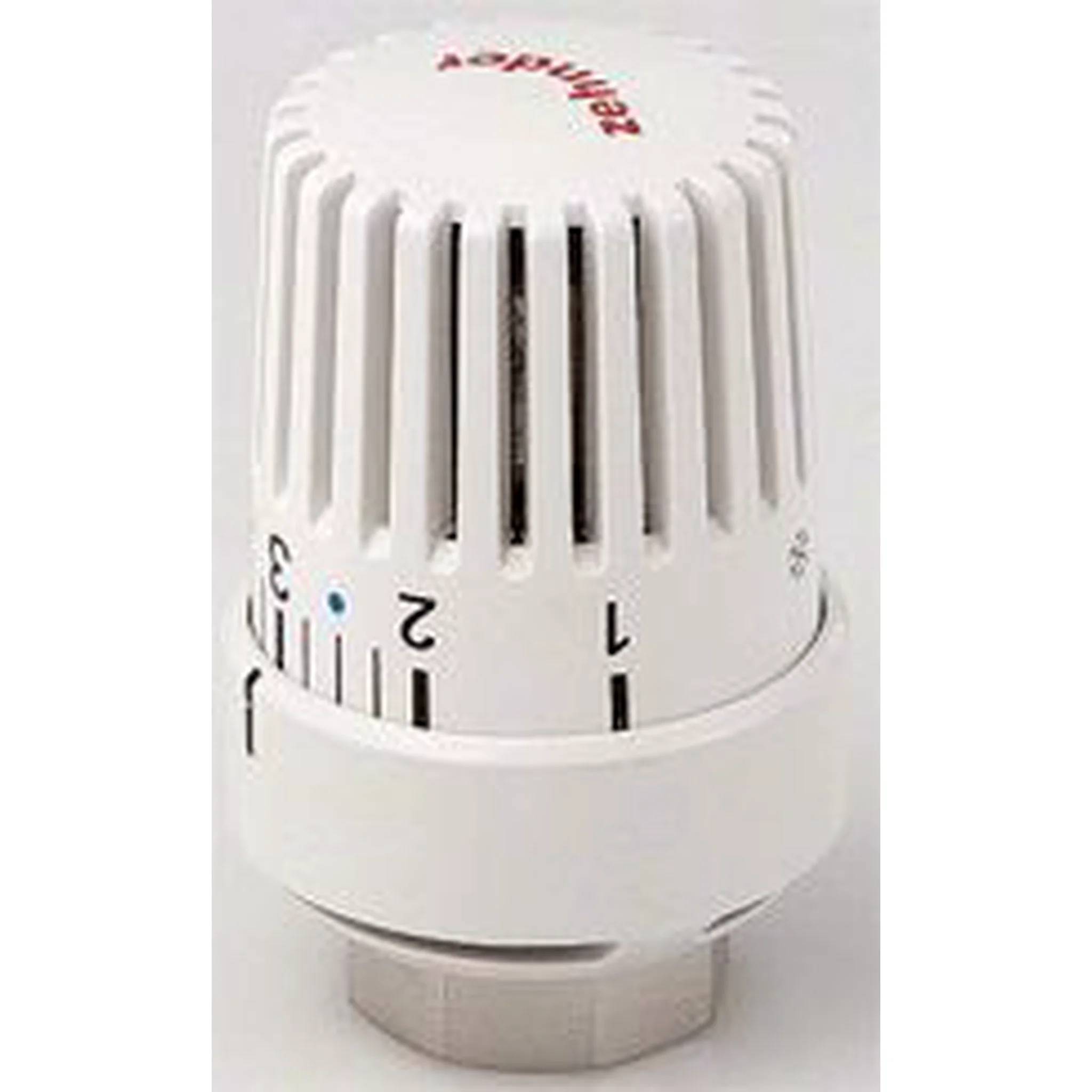 Weißer thermostatischer Heizkörperventil-Knopf mit nummerierten Temperatureinstellungen und blauer Markerindikator.