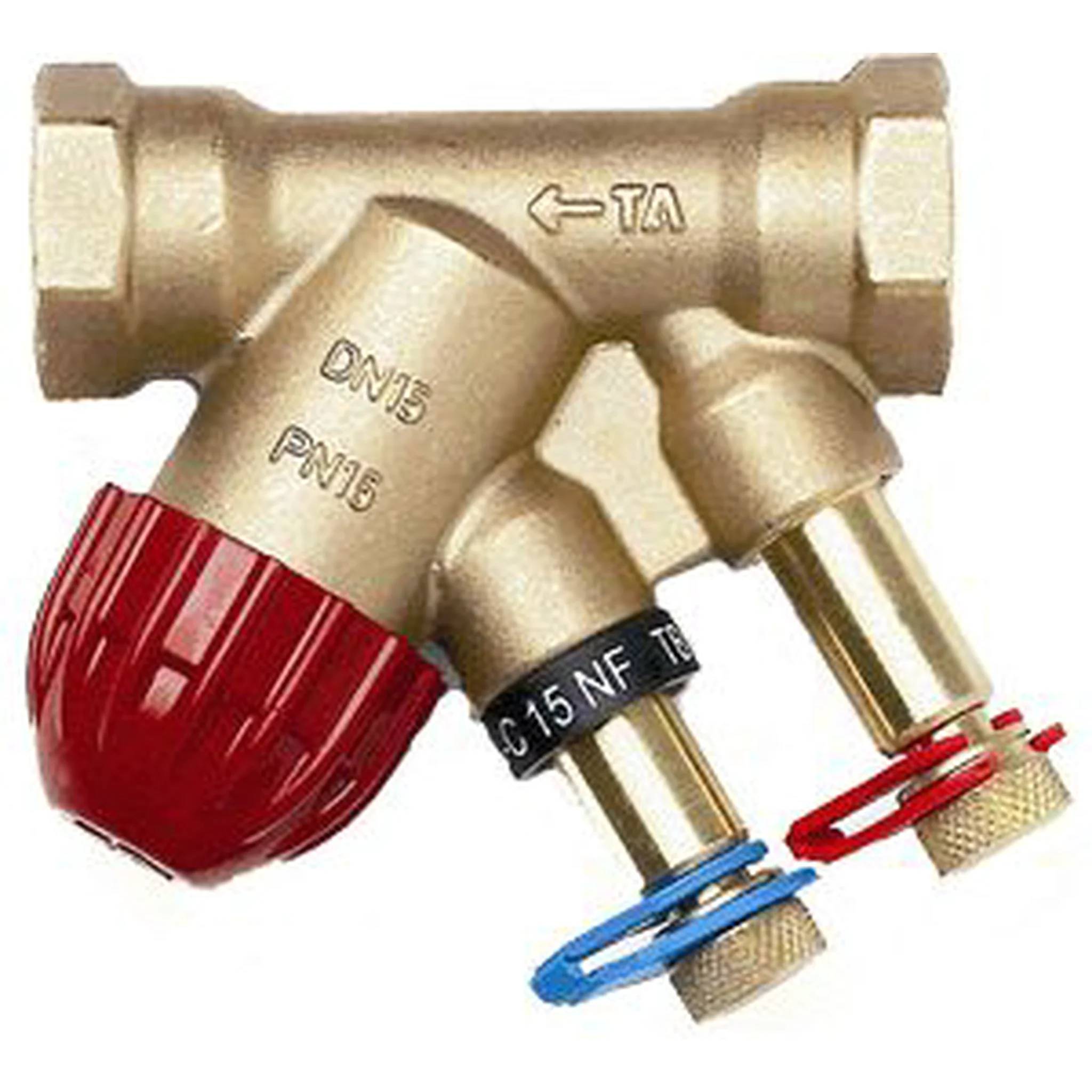 Messing-Y-Siebventil mit roter Kappe und zwei Ausgangsanschlüssen mit Kennzeichnung DN15 PN16, das in einer Wasserleitung zum Filtern von Verschmutzungen verwendet wird.