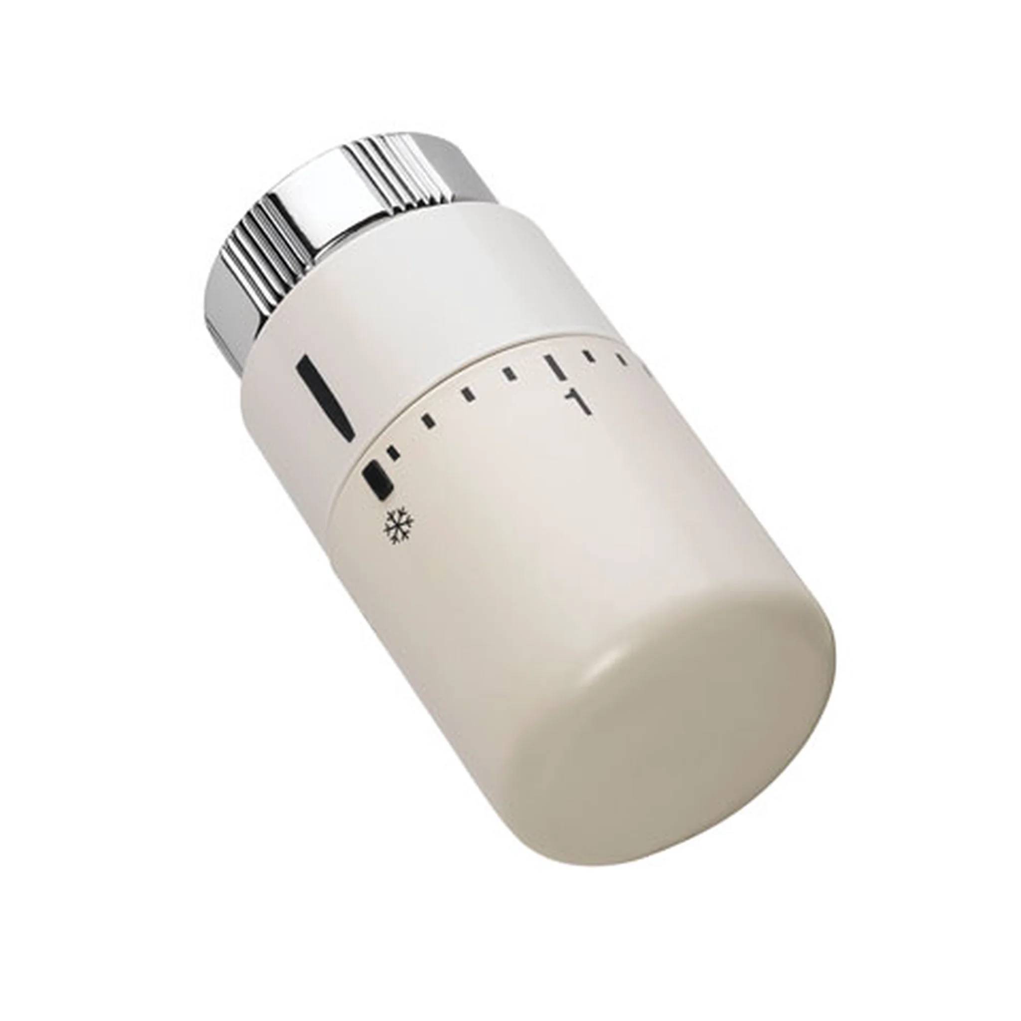 Ein weißer thermostatischer Heizkörperventilknopf mit Temperaturmarkierungen und einem Schneeflocken-Symbol, dargestellt auf weißem Hintergrund.