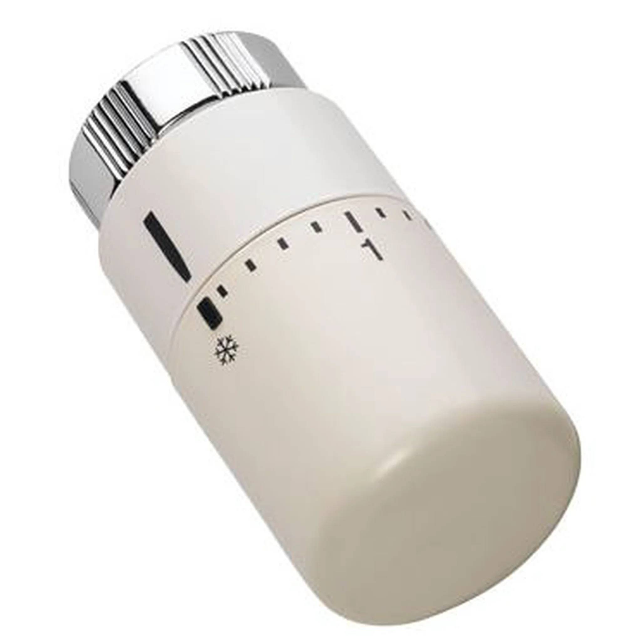 Weißes thermostatisches Heizkörperventil mit nummerierten Temperatureinstellungen und einem Schneeflocken-Frostsymbol oben.