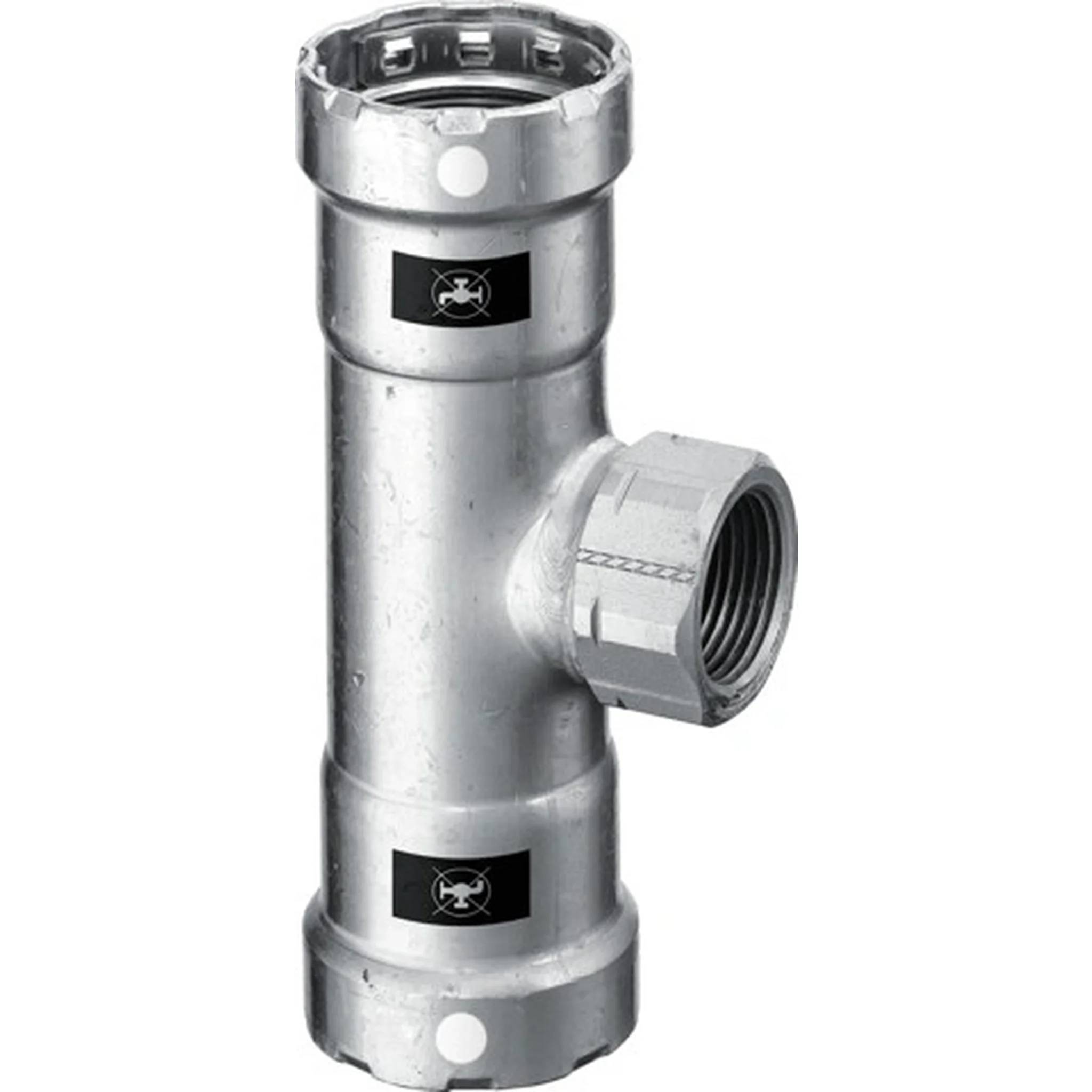 Metallrohrfitting mit seitlichem Gewinde-Auslass und offenen Ober- und Unterseiten, gezeigt auf weißem Hintergrund.