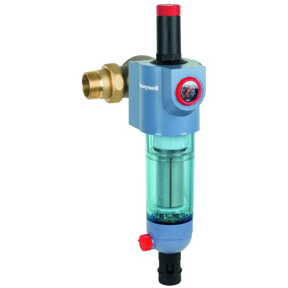 Honeywell-Wasserfiltereinheit mit Messingeintritt, blauem Gehäuse, durchsichtigem Filterpatron und rotem Druckmanometer auf weißem Hintergrund.