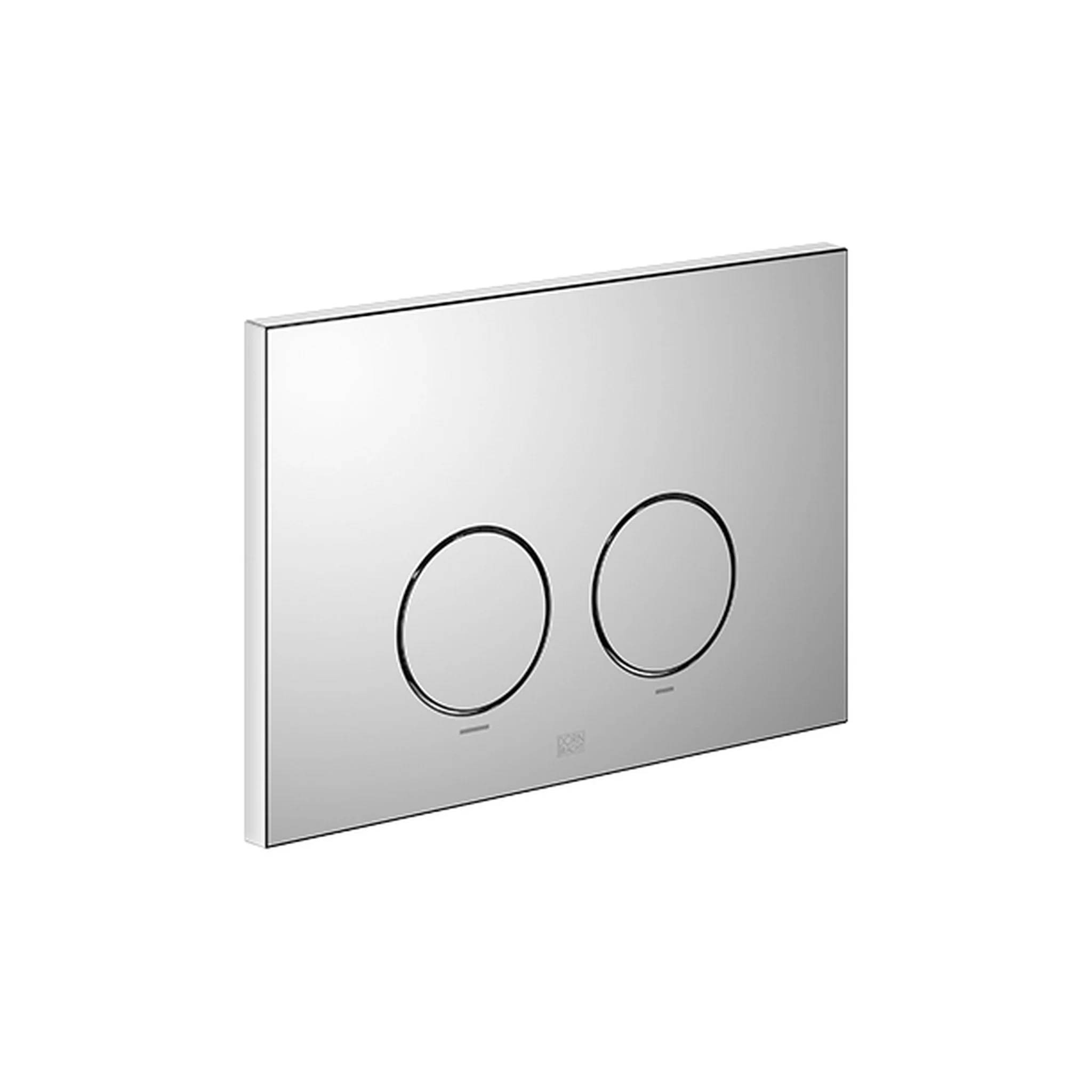 Zweitastiges wandmontiertes Toilettenspülplatte in gebürstetem Silber mit kreisförmigen Doppelspülbedienungen.