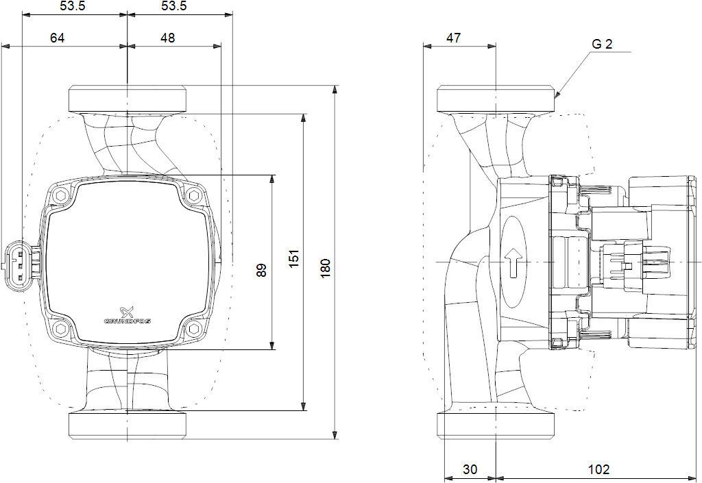 Technische Zeichnung einer Ventil- oder Messermontageanordnung mit Vorder- und Seitenansichten mit Abmessungen in Millimetern und einer G2-Verbindungsdetaillierung.
