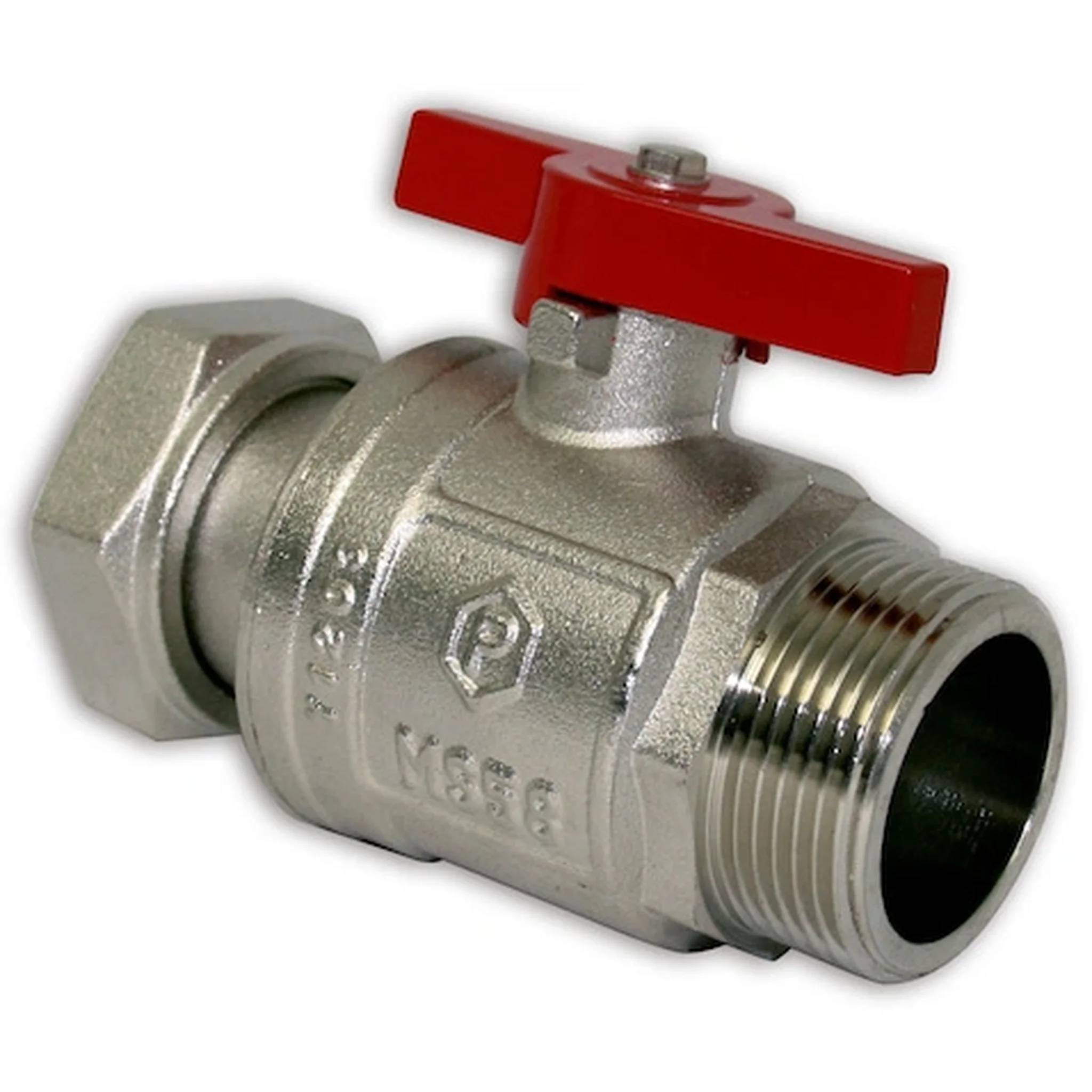 Metallkugelventil mit rotem Hebel und Gewinde-Rohrverbindungen an beiden Enden.