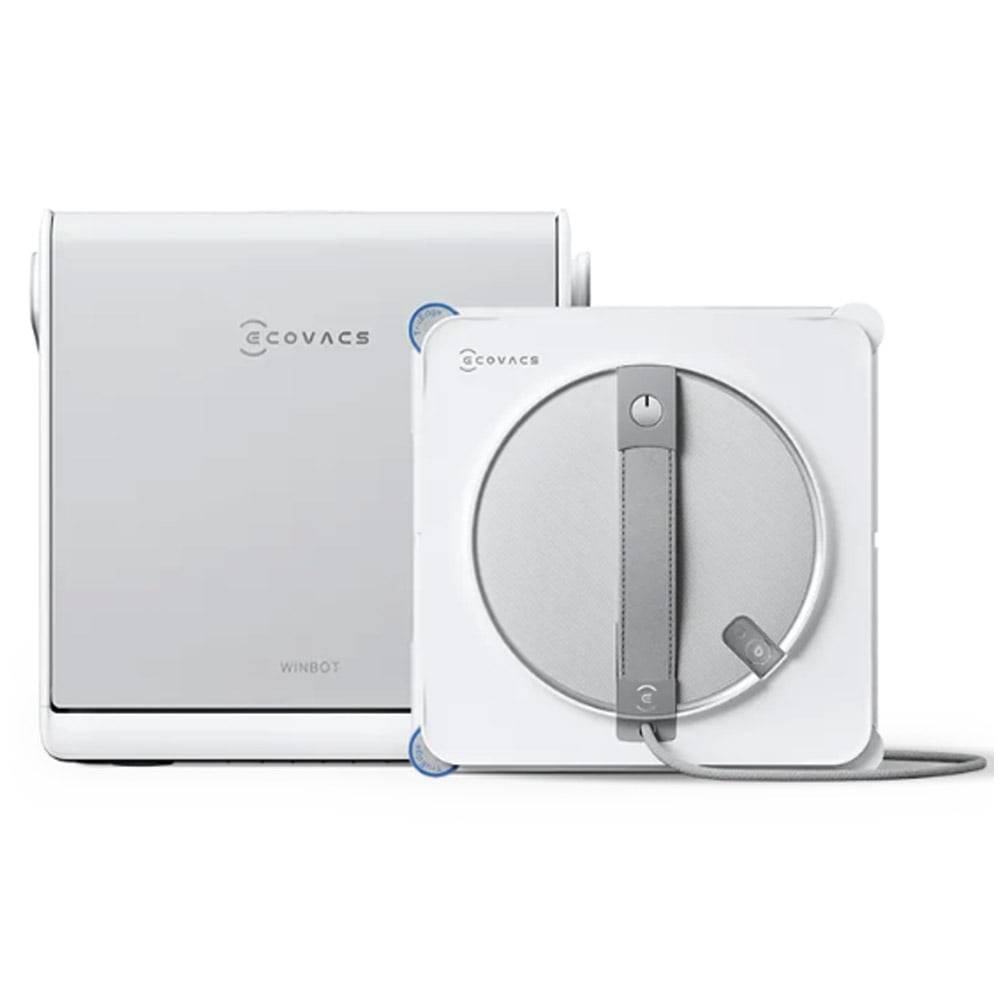 Ein Roboter-Fensterreiniger mit weißem Körper und Saugnapf wird vor seiner Ladestation gezeigt, beide mit dem Label „ECOVACS