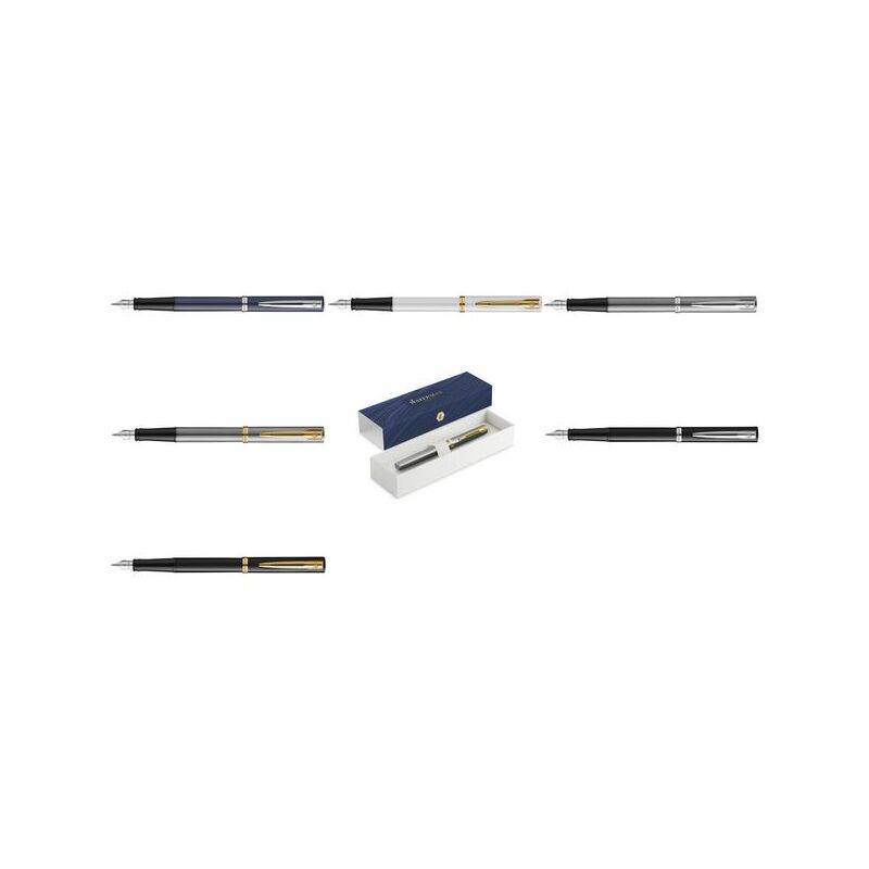 Verschiedene Designs von Füllfedern werden ausgestellt. Eine zentrale Schachtel enthält einen Stift und präsentiert das elegante und polierte Erscheinungsbild der Kollektion.