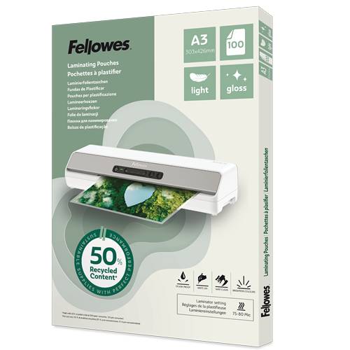 Fellowes A3 Laminierfolien-Box mit einem weißen Laminiergerät und grünem Paket, das mit „100