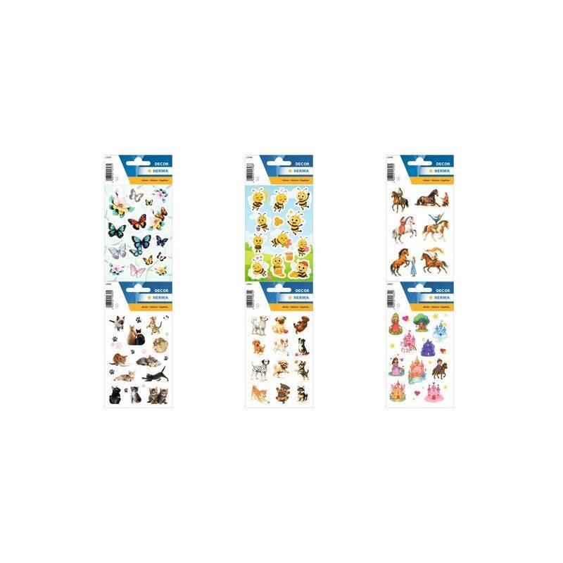 Vier Packungen dekorativer Aufkleber mit verschiedenen Designs: Schmetterlinge, niedliche Tiergesichter, Pferde und bunte Kuchenillustrationen.
