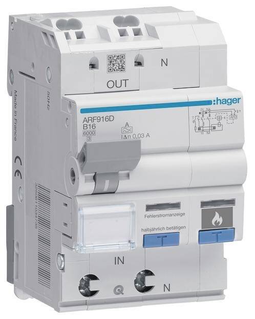 Hager AFDD Fi-LS 1P+N 6kA B-16A ARF916D 30mA 3M Fehlerlichtbogen/Brandschutzsch. Install.Baumaterial