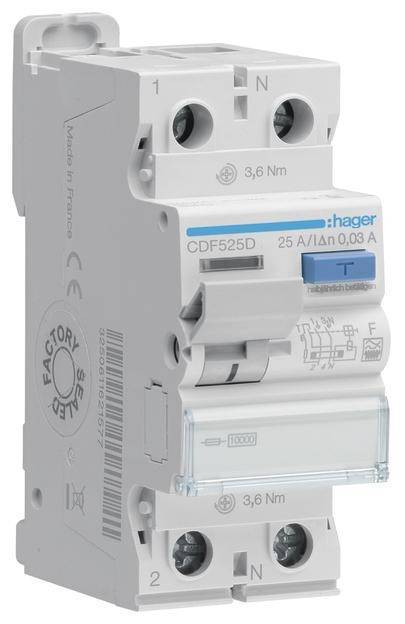 Hager Fi-Schalter 2polig 10kA CDF525D 25A 30mA Typ F Install.Baumaterial Zählerschr./Verteilg