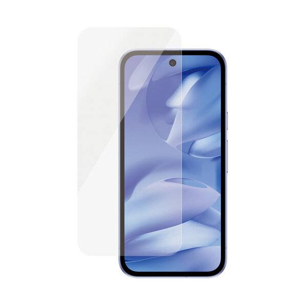 Smartphone-Vorderansicht mit blauem abstraktem Hintergrund, dargestellt mit einer transparenten Displayschutzfolie, die über dem Display ausgerichtet ist.