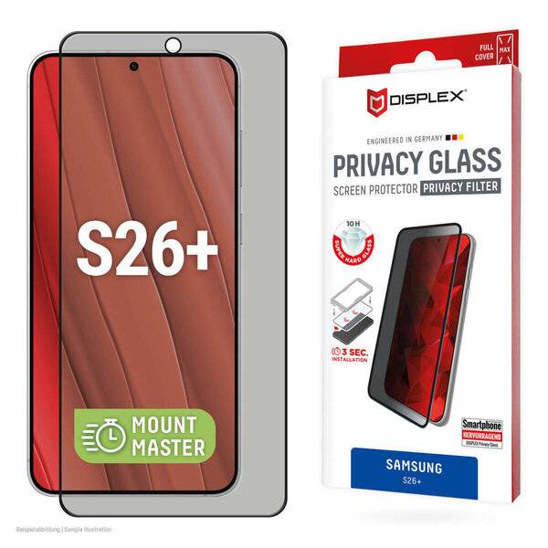 Samsung S26+ Datenschutz-Glas-Displayschutzfolie, gezeigt auf einem Telefon und einer Produktbox mit Displex-Kennzeichnung, vollständige Abdeckung Datenschutzfilter.