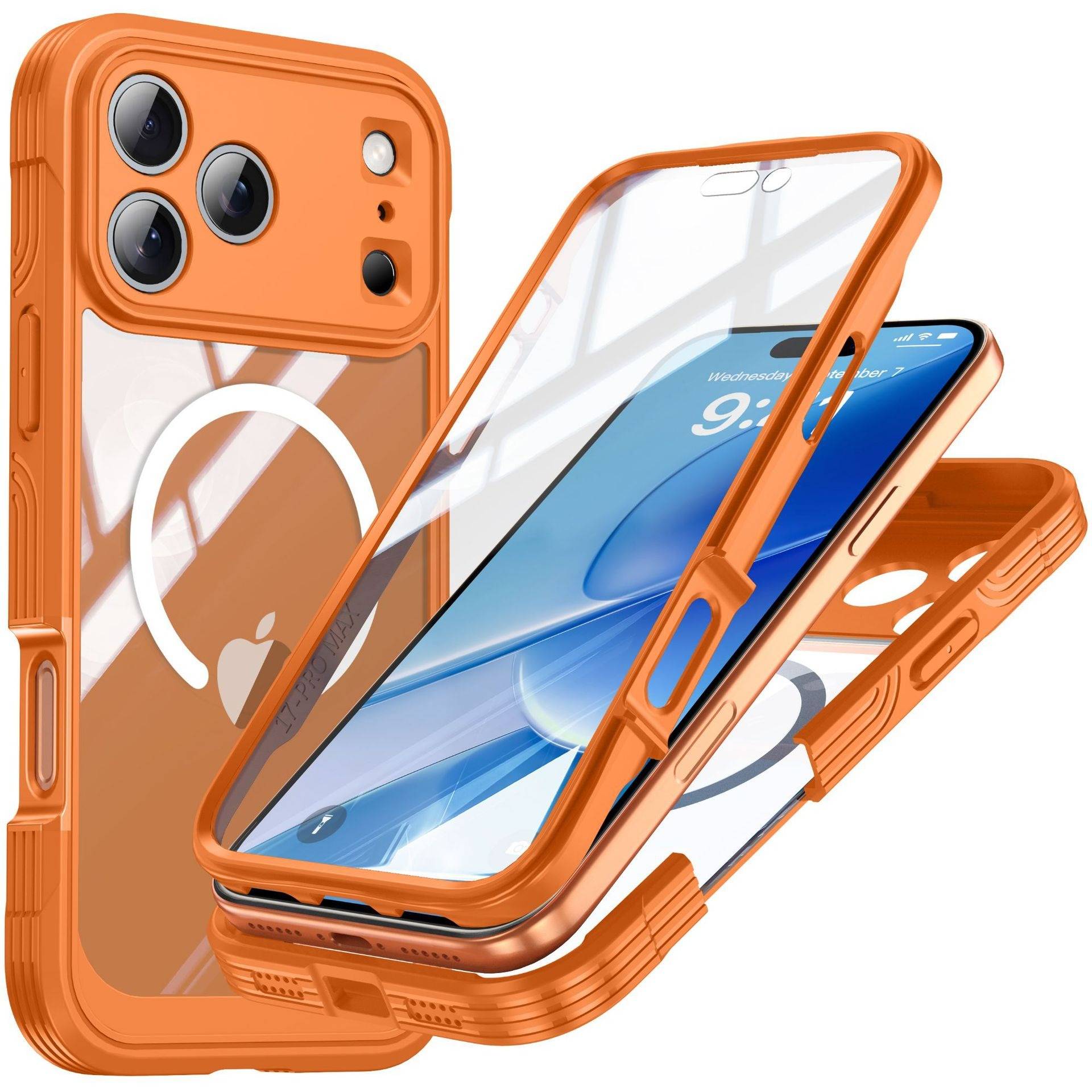 Dreifach geschützte 9H Glas Handyhülle kompatibel mit iPhone 17 Pro – Orange