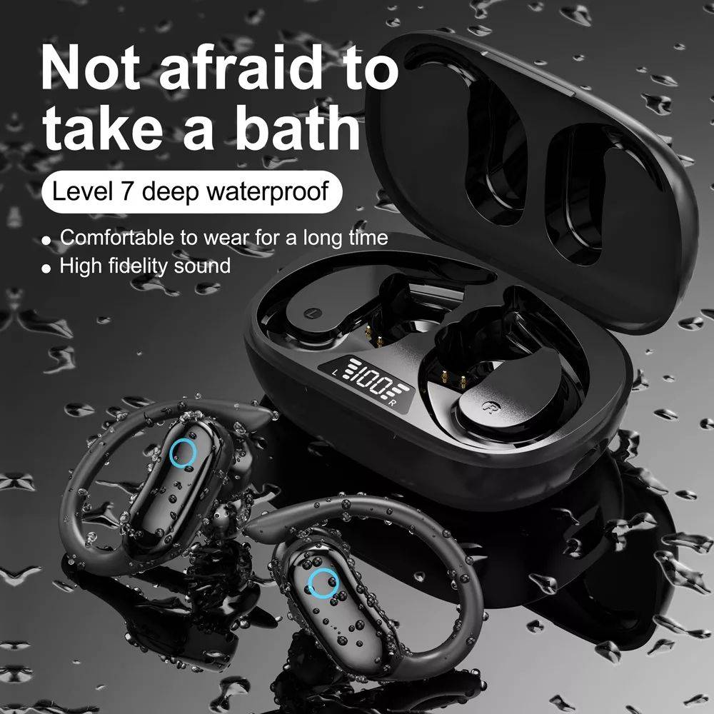 Kabelloser Sportkopfhörer mit Ohrhaken IPX7 wasserdicht Black