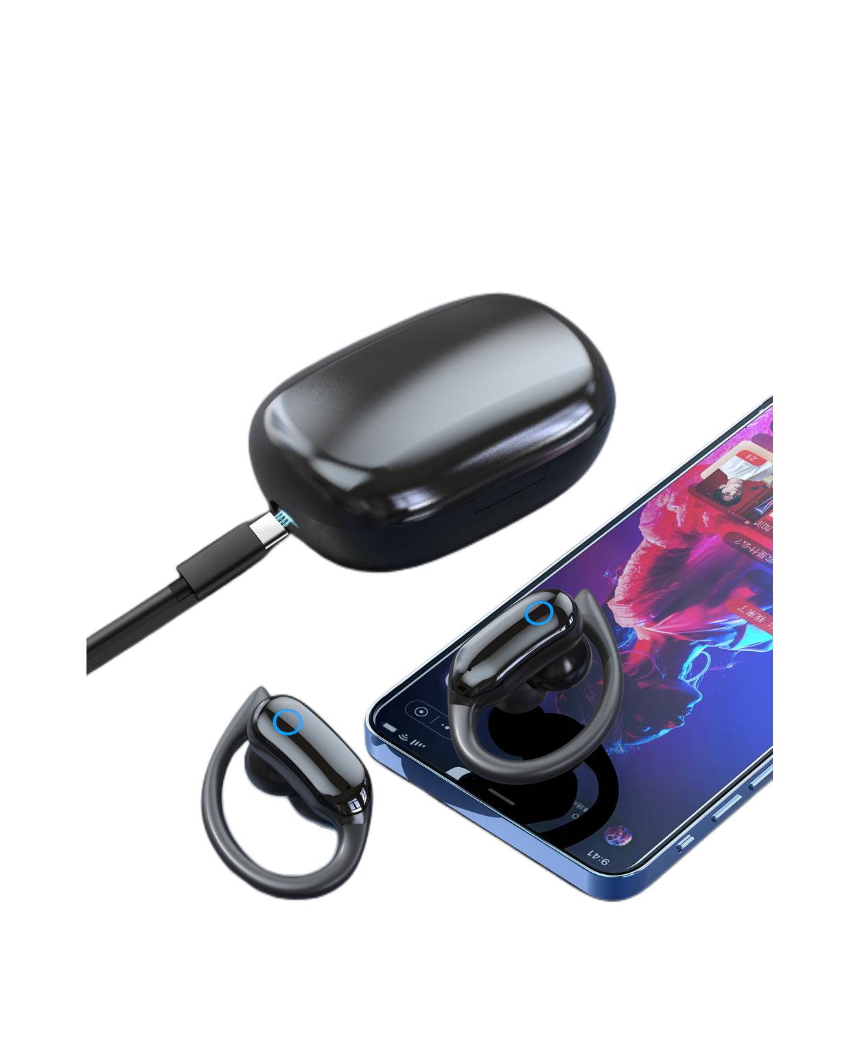 Kabelloser Sportkopfhörer mit Ohrhaken IPX7 wasserdicht Black
