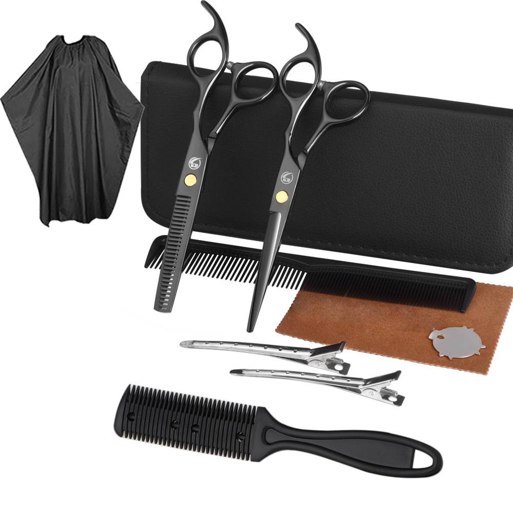 Friseurset mit Friseurschere, Kämmen, Klammern, Mantel 10-teilig Black