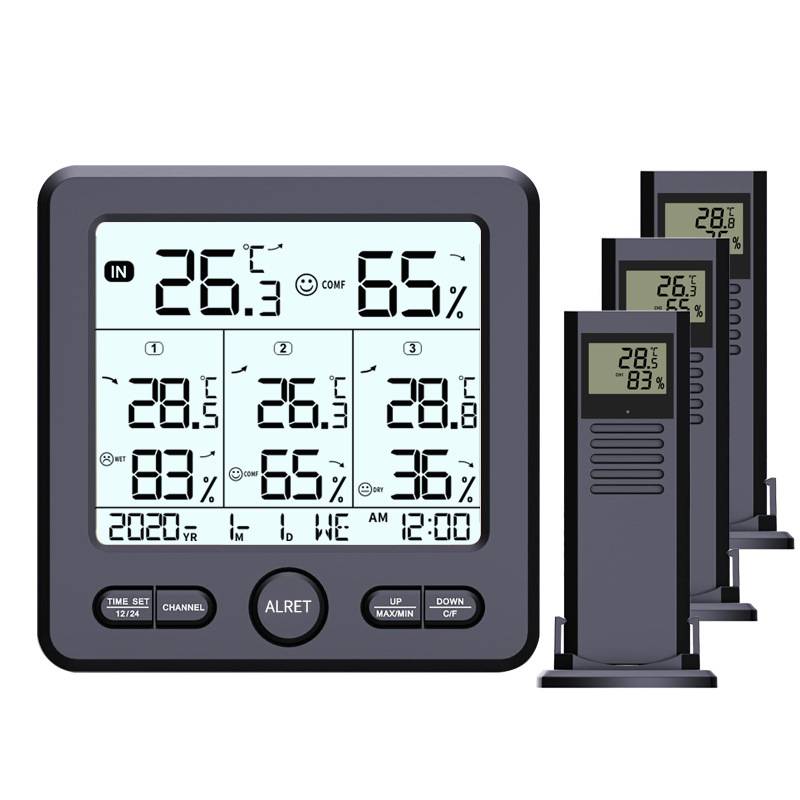 Digitales Thermometer/Hygrometer mit 3 Fernsensoren Black